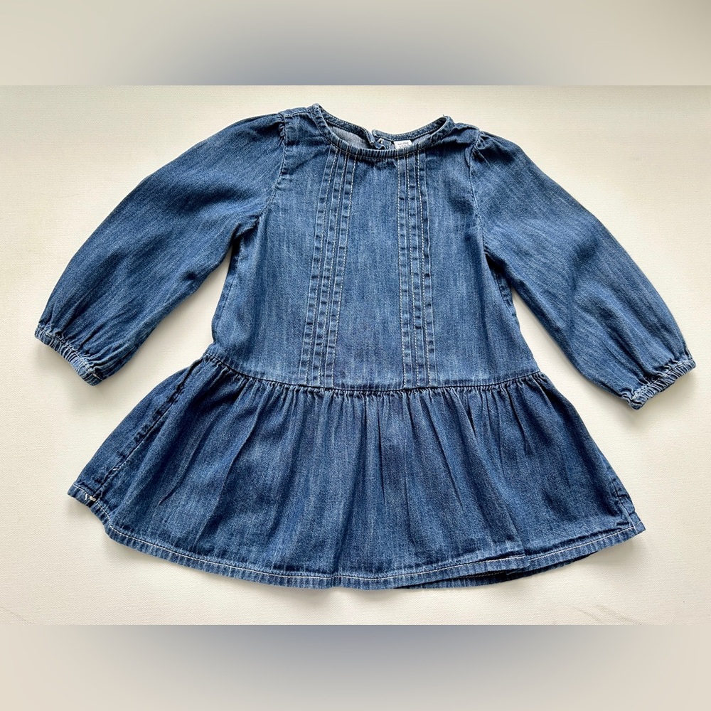 Baby Gap girl’s denim dress a pleated bodice and long sleeves.  Size 18-24M.